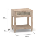 Dimensions of a timber Bedside Table made from solid Mango Wood with a natural finish and rattan door inserts from the Cayman range by the House of Curators
