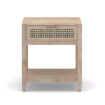 Front view of a timber Bedside Table made from solid Mango Wood with a natural finish and rattan door inserts from the Cayman range by the House of Curators