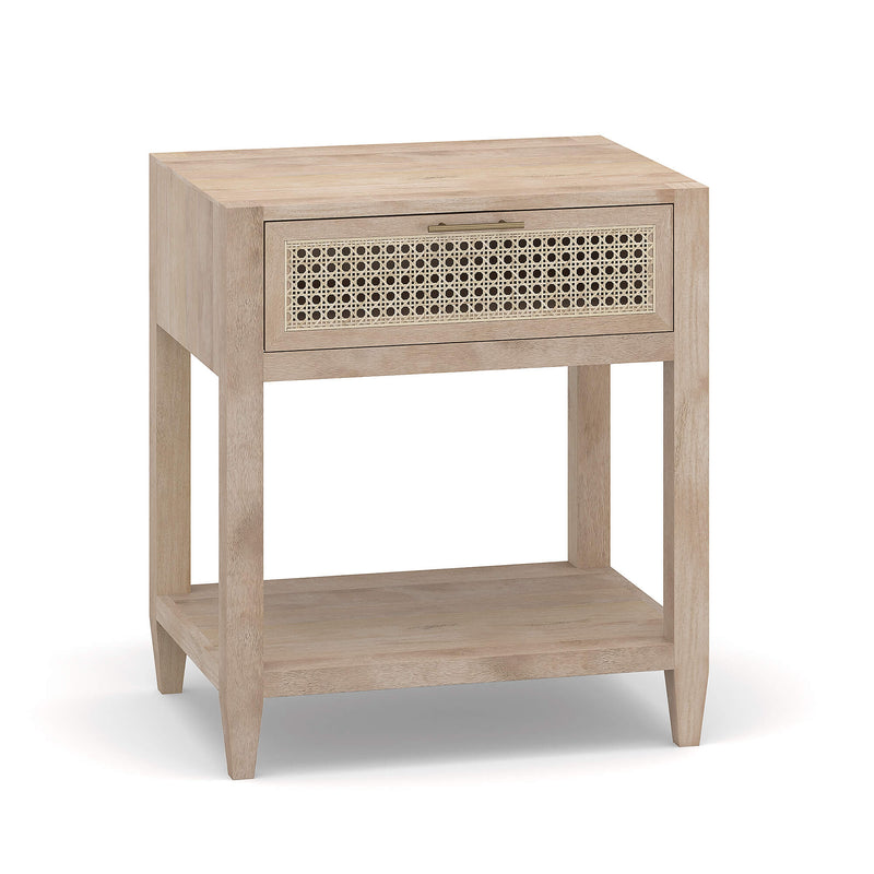 3/4 view of a timber Bedside Table made from solid Mango Wood with a natural finish and rattan door inserts from the Cayman range by the House of Curators