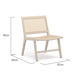 Dimensions of a timber Armchair made from solid Oak with a whitewash finish and rattan inserts  from the Ballina range from House of Curators