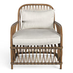 Front view of a Natural Rattan Occasional Chair with Linen cushions in a Coastal Style from the Byron range by House of Curators