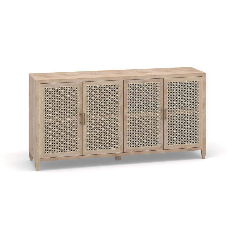 3/4 view of a timber Buffet made from solid Mango Wood with a natural finish and rattan door inserts from the Cayman range by the House of Curators