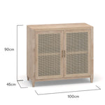 Dimensions of a timber Sideboard made from solid Mango Wood with a natural finish and rattan door inserts from the Cayman range by the House of Curators