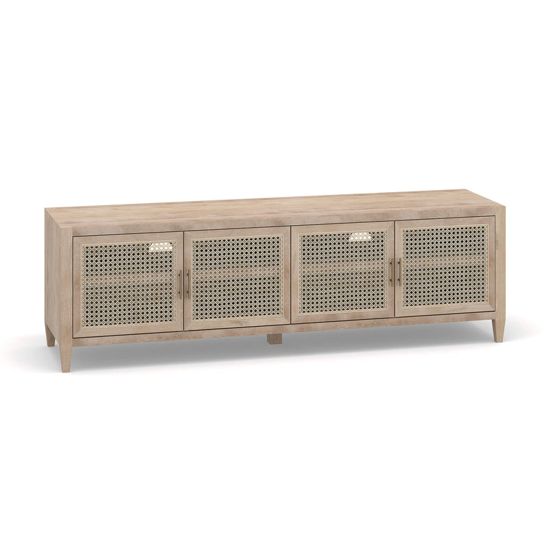 3/4 view of a timber TV Unit made from solid Mango Wood with a natural finish and rattan door inserts from the Cayman range by the House of Curators