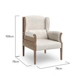 Dimensions of an Armchair with a solid Oak frame in a vintage oak finish, with seating upholstered in a natural linen fabric and the exterior upholstered in a brown Burlap Hessian from the Manning range by the House of Curators