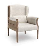 3/4 view of an Armchair with a solid Oak frame in a vintage oak finish, with seating upholstered in a natural linen fabric and the exterior upholstered in a brown Burlap Hessian from the Manning range by the House of Curators