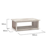 Rockhampton Solid Mango Wood Coffee Table in Driftwood Grey Wash Finish featuring Rustic Rattan Inlays Dimensions