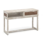 Rockhampton Solid Mango Wood Console Table in Driftwood Grey Wash Finish featuring Rustic Rattan Inlays Image 1