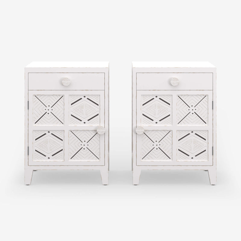 Front view of a pair of Bedside Tables made from solid wood in a rustic white finish with carved doors from the Southampton range by House of Curators
