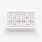 Front view of a Sideboard made from solid wood in a rustic white finish with carved doors from the Southampton range by House of Curators